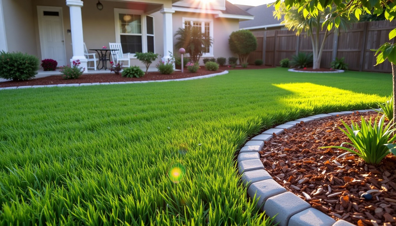 Freshly edged lawn and clean mulch bed in Central Florida